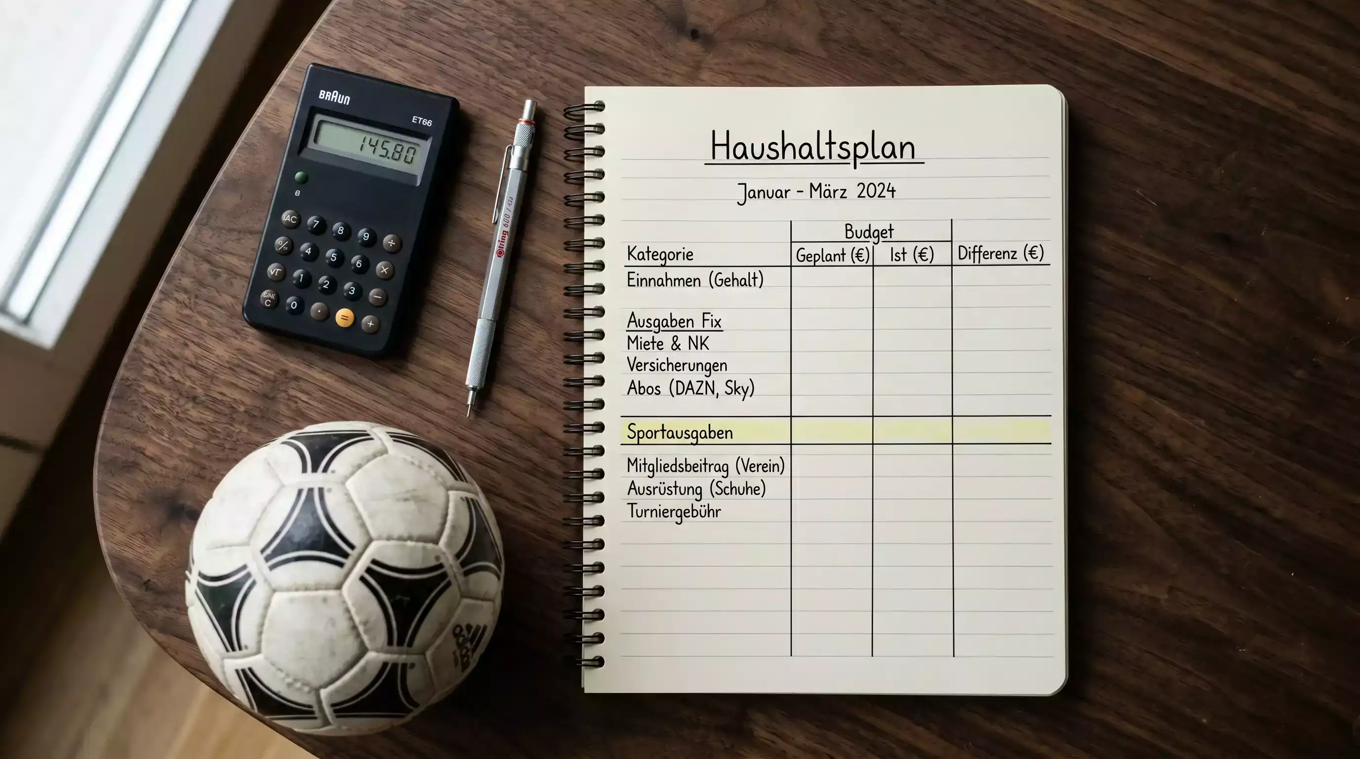 Bankroll Management bei Sportwetten - Notizbuch und Taschenrechner auf einem Schreibtisch neben einem Fußball