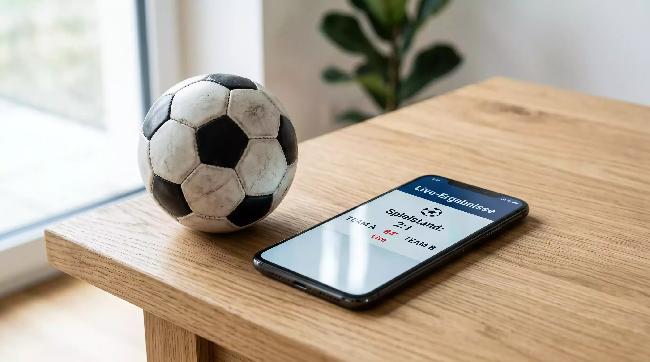 Sportwetten mobil - Smartphone mit Wett-App auf einem Tisch neben einem Fußball