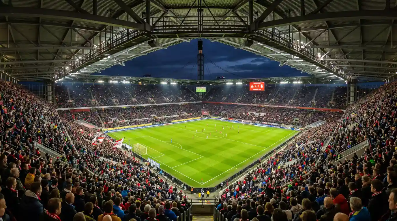 Blick in ein großes Fußballstadion bei einem WM-Gruppenspiel mit vollen Rängen und Flutlicht